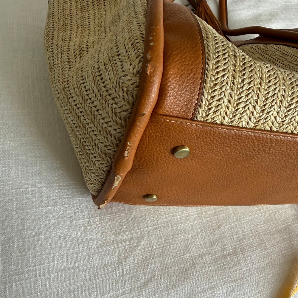 Sam Edelman Straw Raffia Tote Bag Tan Faux Leather Trim Tassel Shoulder Bag - Picture 11 of 11